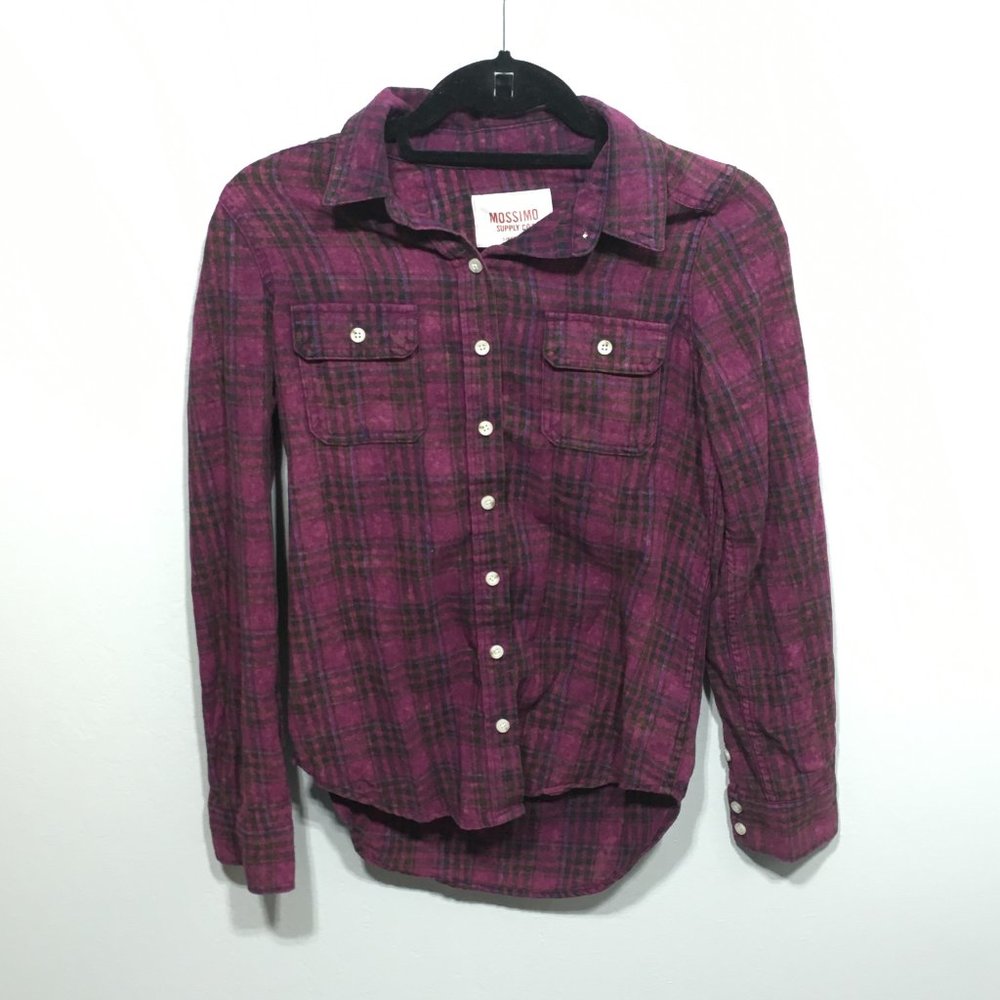 Burgundy Plaid Button Down Shirt Size Casual XS